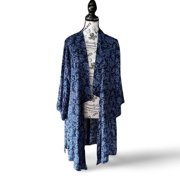 Tahari Blue Floral Kimono Duster Jacket L-XL - Picture 1 of 6